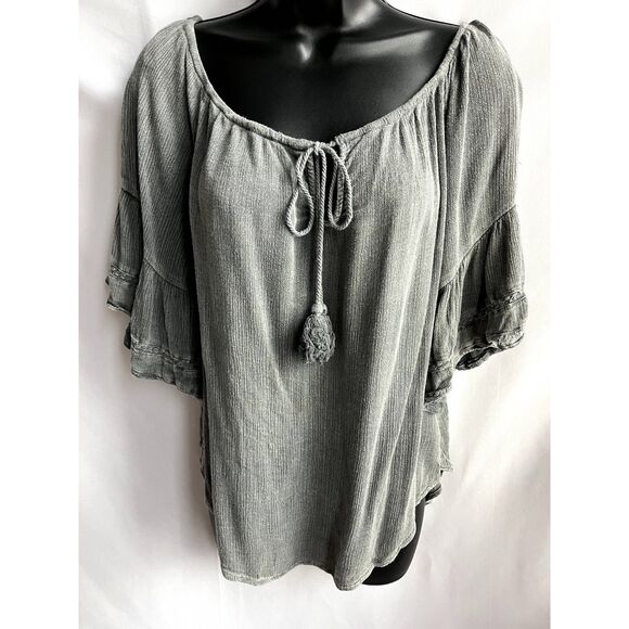 Paper Crane Flutter Sleeve Peasant Boho Blouse Gauzy Top Fringe Tassel Gray M - Picture 1 of 11